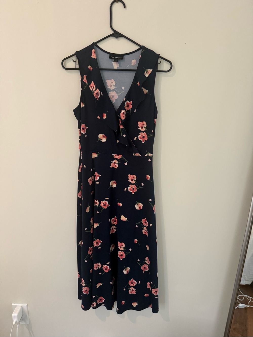 Navy Midi Dress with Pink Floral Print